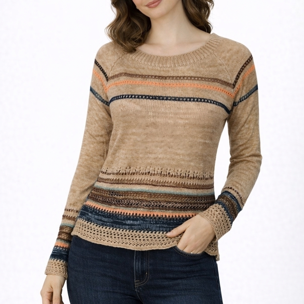 LOVE ON A HANGER Tan Horizontal Striped Marled Pointelle Knit Sweater